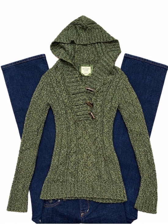 Old Navy Sweaters - vintage Y2K 2007 Old Navy marled green cable knit toggle hoodie fall sweater